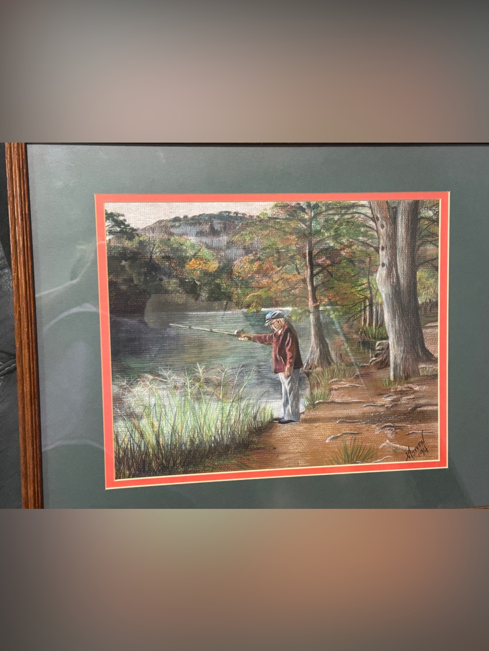 Original Drawing Fishing by the Lake Framed Art Signed Morrow ‘94